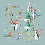 Christmas Cards - 10 Cards - Penguins Sledging & Building Tree