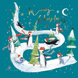 Christmas Cards - 10 Cards - Penguins Sledging & Building Tree
